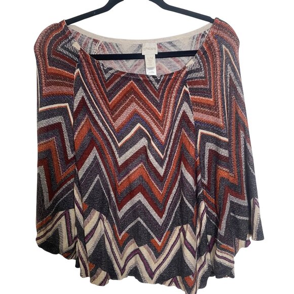 Chicos Aztek Chevron Poncho Top S/M Boxy Cotton Blend Bat Wing Blouse Pullover - Picture 1 of 10